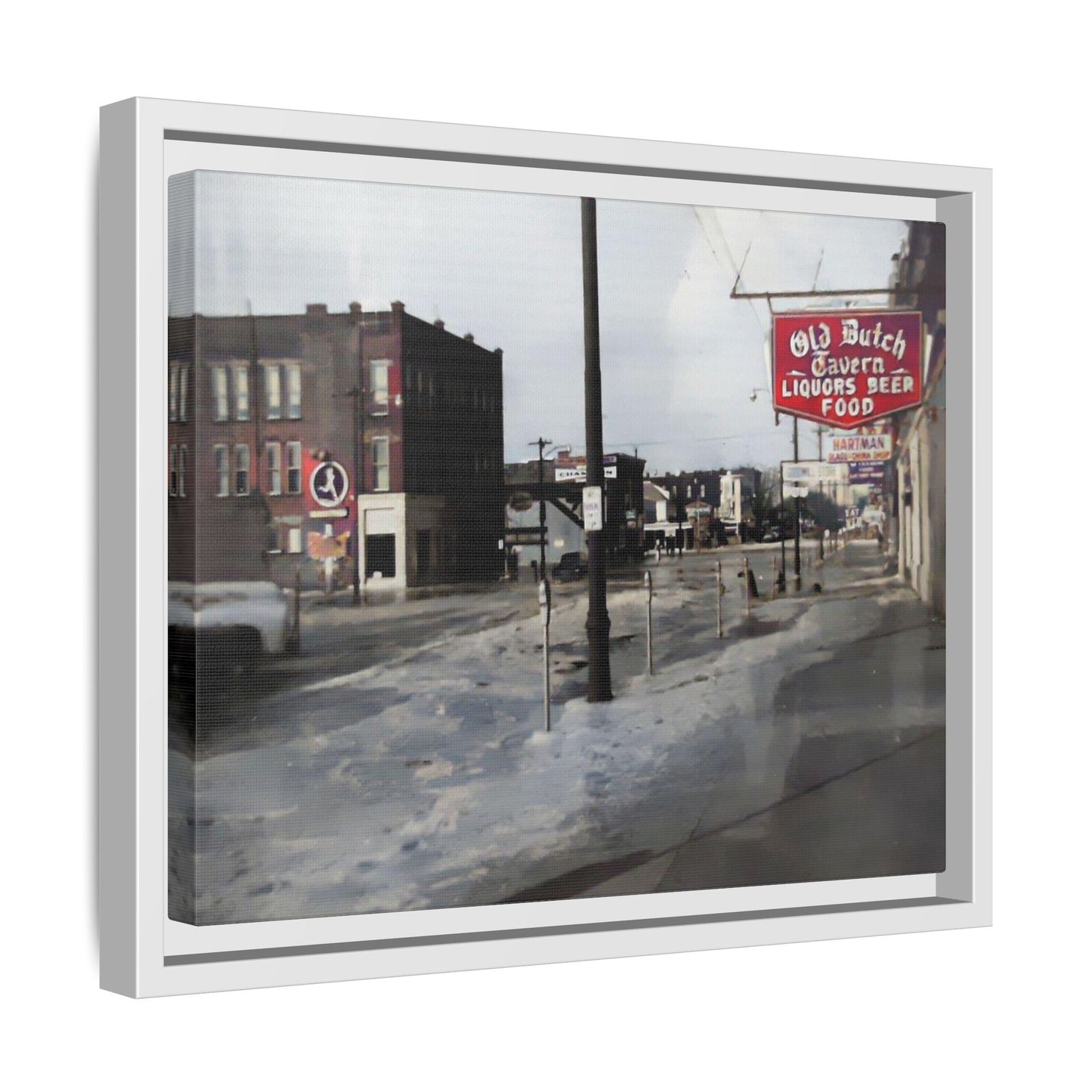 February 1959 Findlay Flood Original Dutch Framed Matte Canvas Art - Vintage Tavern Street Scene