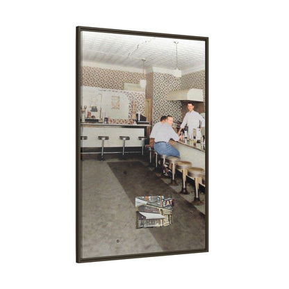 1947 Opening Day Miller’s Luncheonette Findlay, O. Retro Bar Scene Framed Canvas Art - Nostalgic Decor for Home or Office