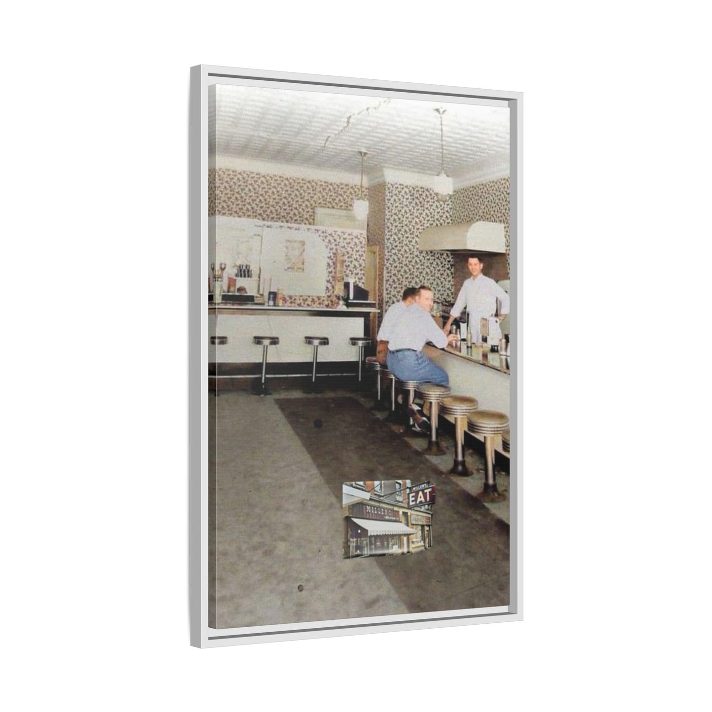 1947 Opening Day Miller’s Luncheonette Findlay, O. Retro Bar Scene Framed Canvas Art - Nostalgic Decor for Home or Office