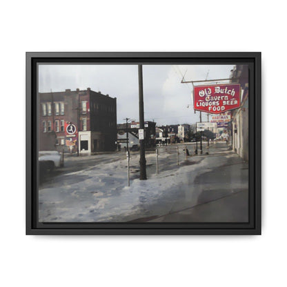 February 1959 Findlay Flood Original Dutch Framed Matte Canvas Art - Vintage Tavern Street Scene