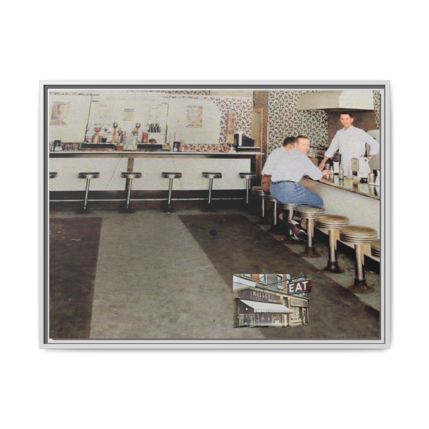 1947 Opening Day Miller’s Luncheonette Findlay, O. Retro Bar Scene Framed Canvas Art - Nostalgic Decor for Home or Office