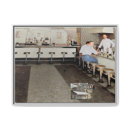 1947 Opening Day Miller’s Luncheonette Findlay, O. Retro Bar Scene Framed Canvas Art - Nostalgic Decor for Home or Office