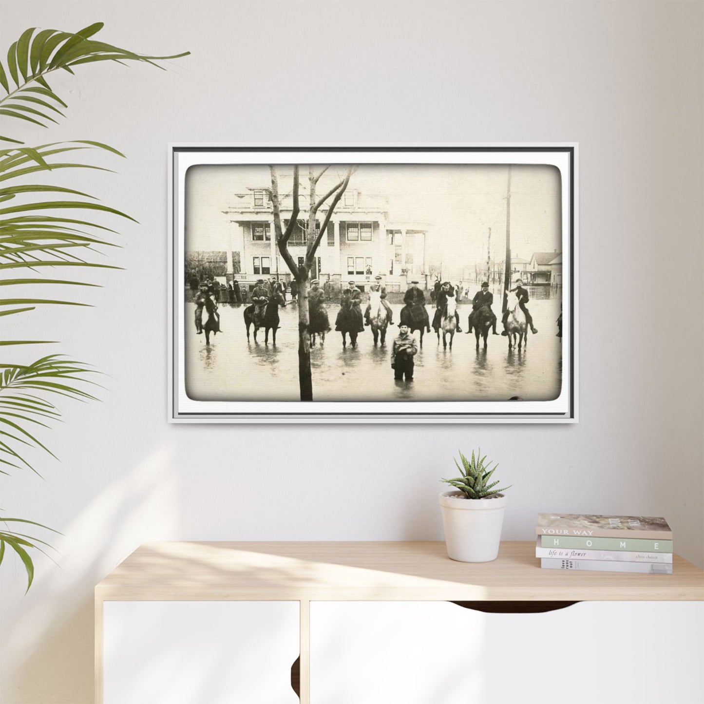 717 N Main Findlay, O  1913 Flood Original B & W Vintage Framed Matte Canvas - Equestrian Scene Wall Art