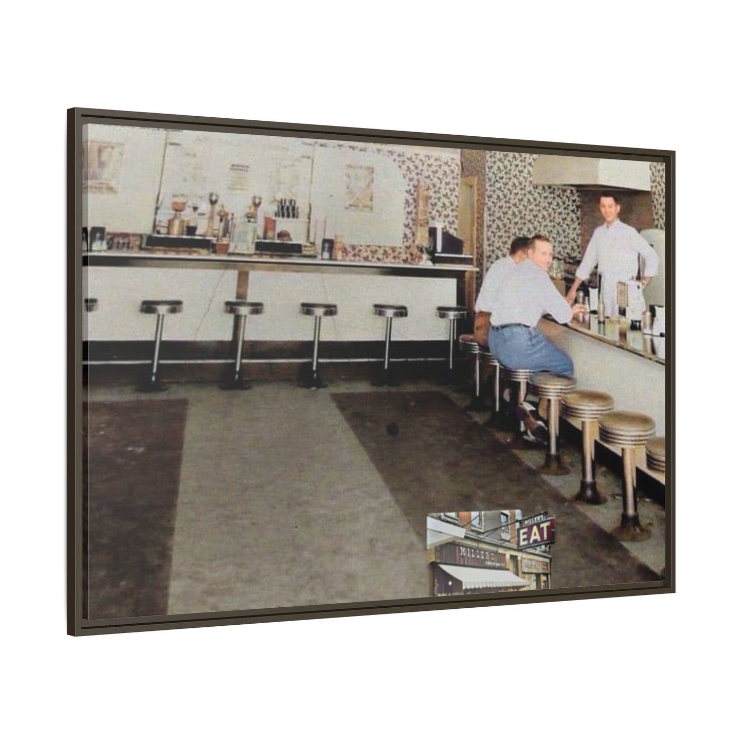 1947 Opening Day Miller’s Luncheonette Findlay, O. Retro Bar Scene Framed Canvas Art - Nostalgic Decor for Home or Office