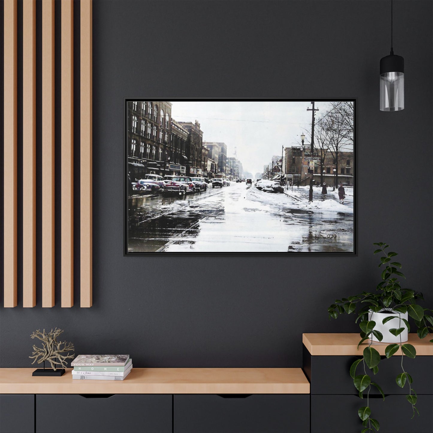 Winter Wonderland Framed Matte Canvas - Urban Snow Scene Wall Art