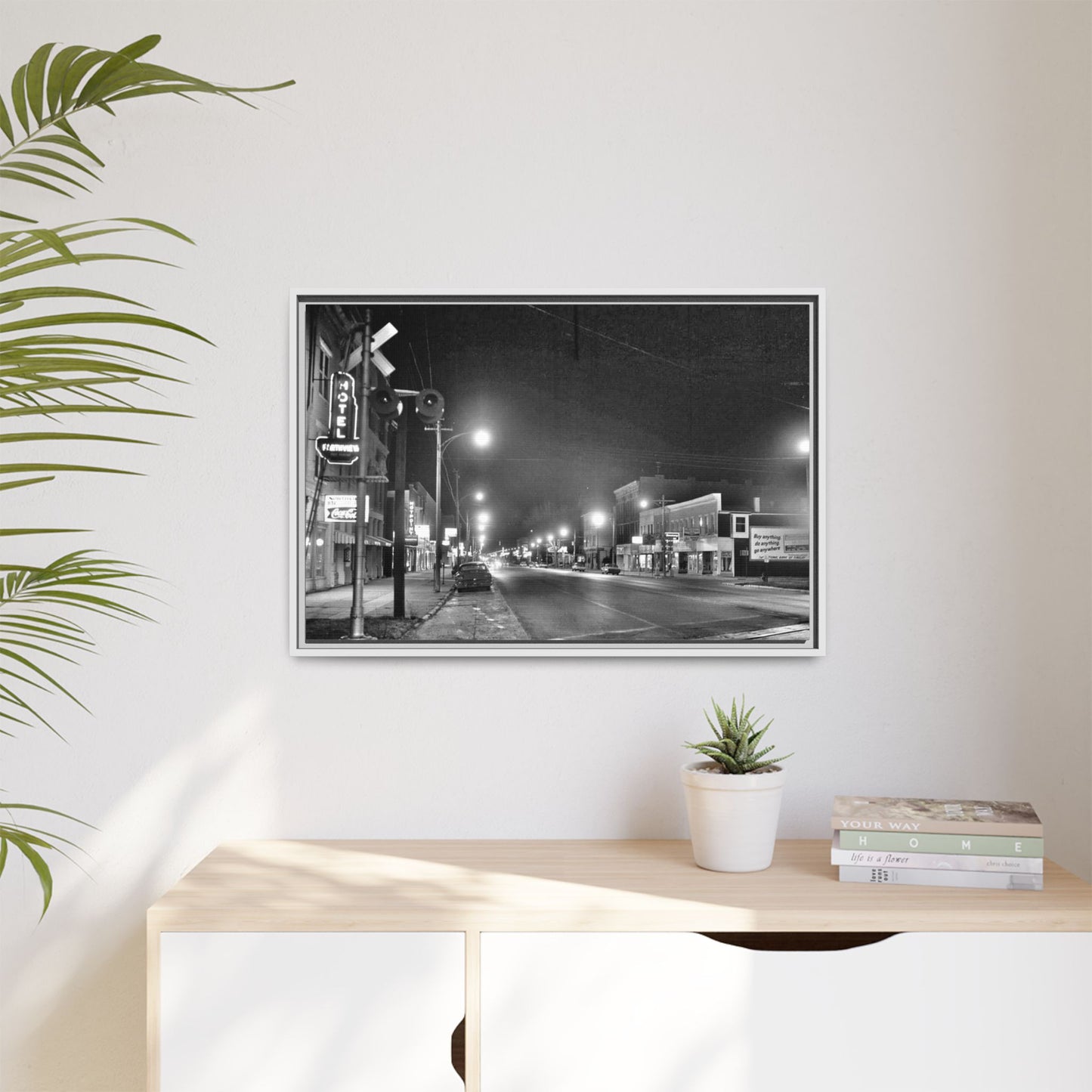 Northview Hotel Looking South Findlay, O. ca 1967 Vintage Cityscape Framed Canvas - Matte Black Wall Art