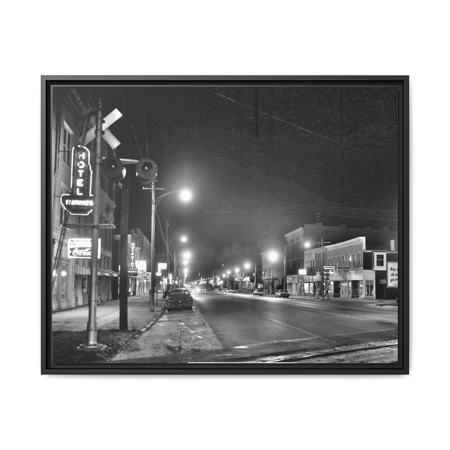 Northview Hotel Looking South Findlay, O. ca 1967 Vintage Cityscape Framed Canvas - Matte Black Wall Art