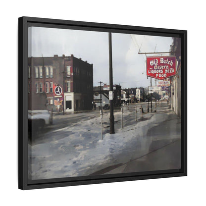 February 1959 Findlay Flood Original Dutch Framed Matte Canvas Art - Vintage Tavern Street Scene