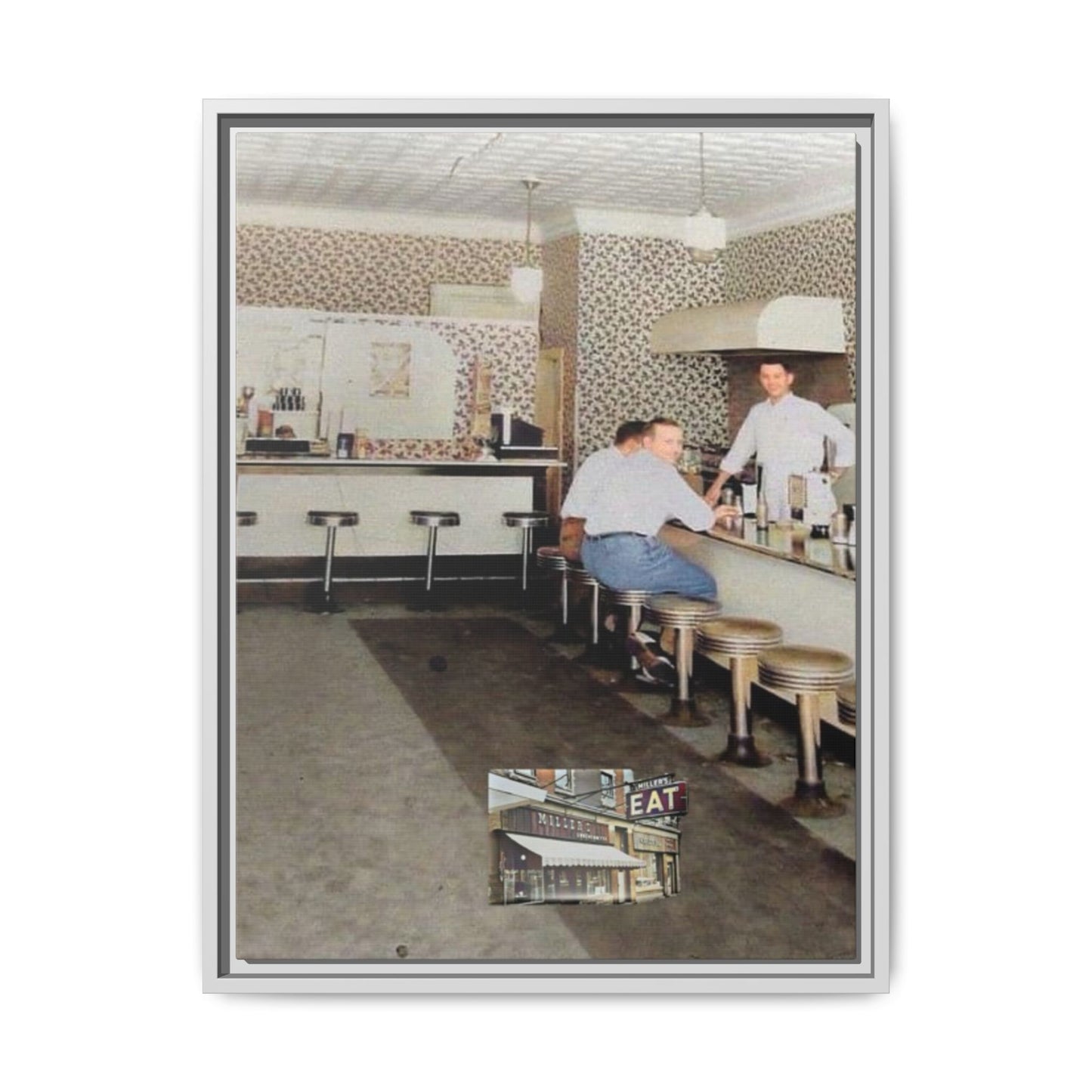 1947 Opening Day Miller’s Luncheonette Findlay, O. Retro Bar Scene Framed Canvas Art - Nostalgic Decor for Home or Office