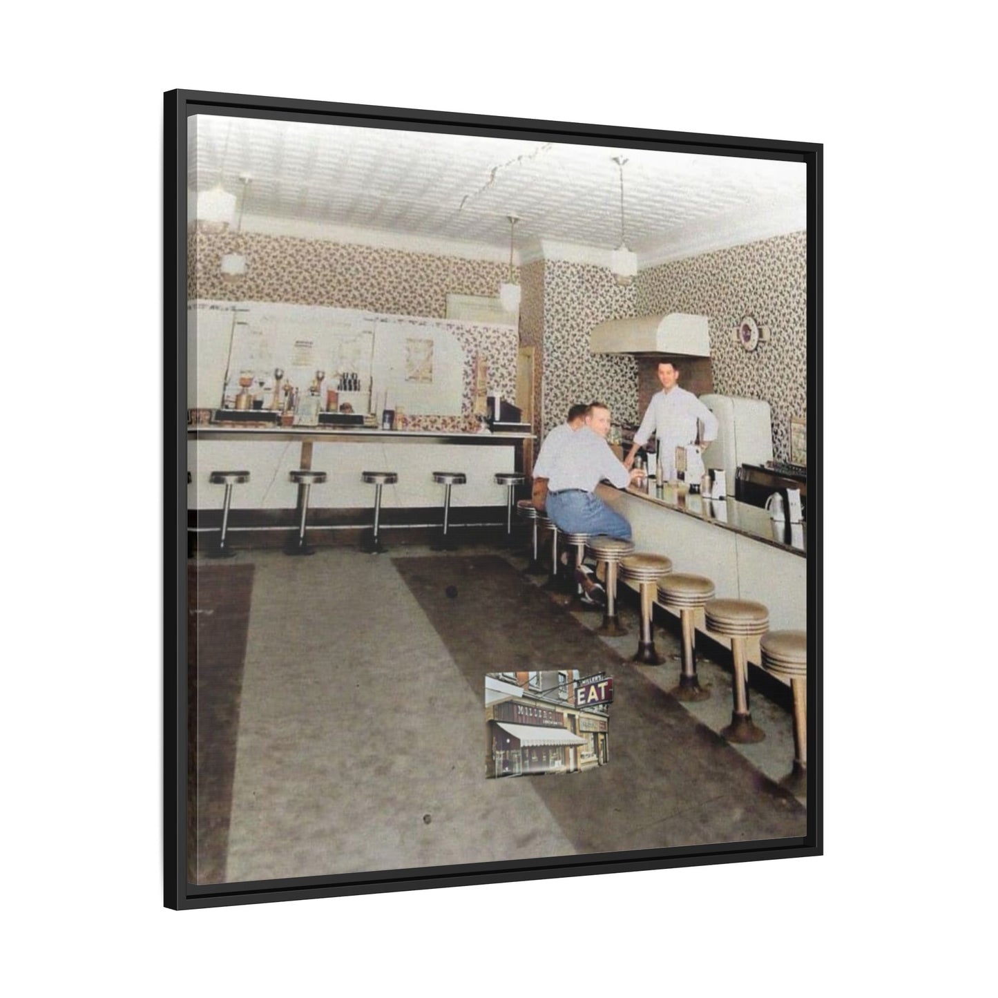 1947 Opening Day Miller’s Luncheonette Findlay, O. Retro Bar Scene Framed Canvas Art - Nostalgic Decor for Home or Office