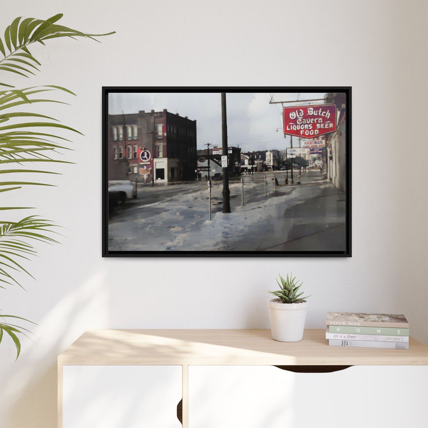 February 1959 Findlay Flood Original Dutch Framed Matte Canvas Art - Vintage Tavern Street Scene