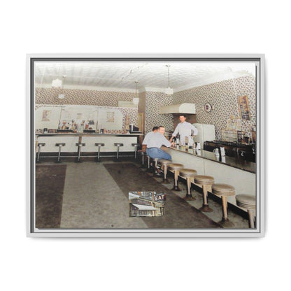 1947 Opening Day Miller’s Luncheonette Findlay, O. Retro Bar Scene Framed Canvas Art - Nostalgic Decor for Home or Office