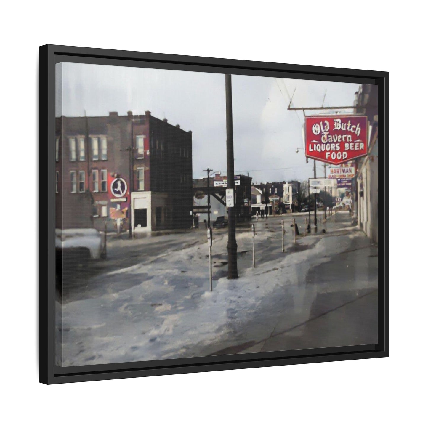 February 1959 Findlay Flood Original Dutch Framed Matte Canvas Art - Vintage Tavern Street Scene