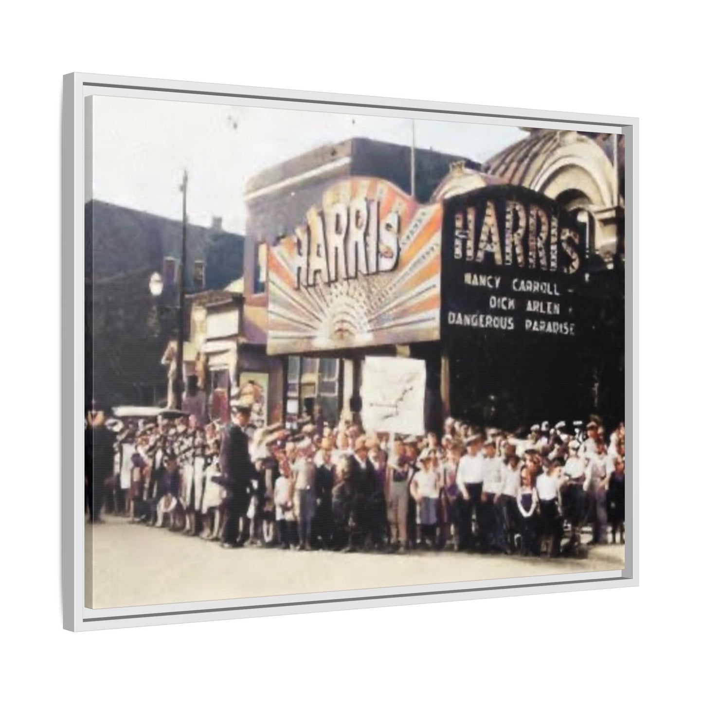 Harris Theater lines galore Vintage Framed Canvas Print - Historic Harris Theater Scene