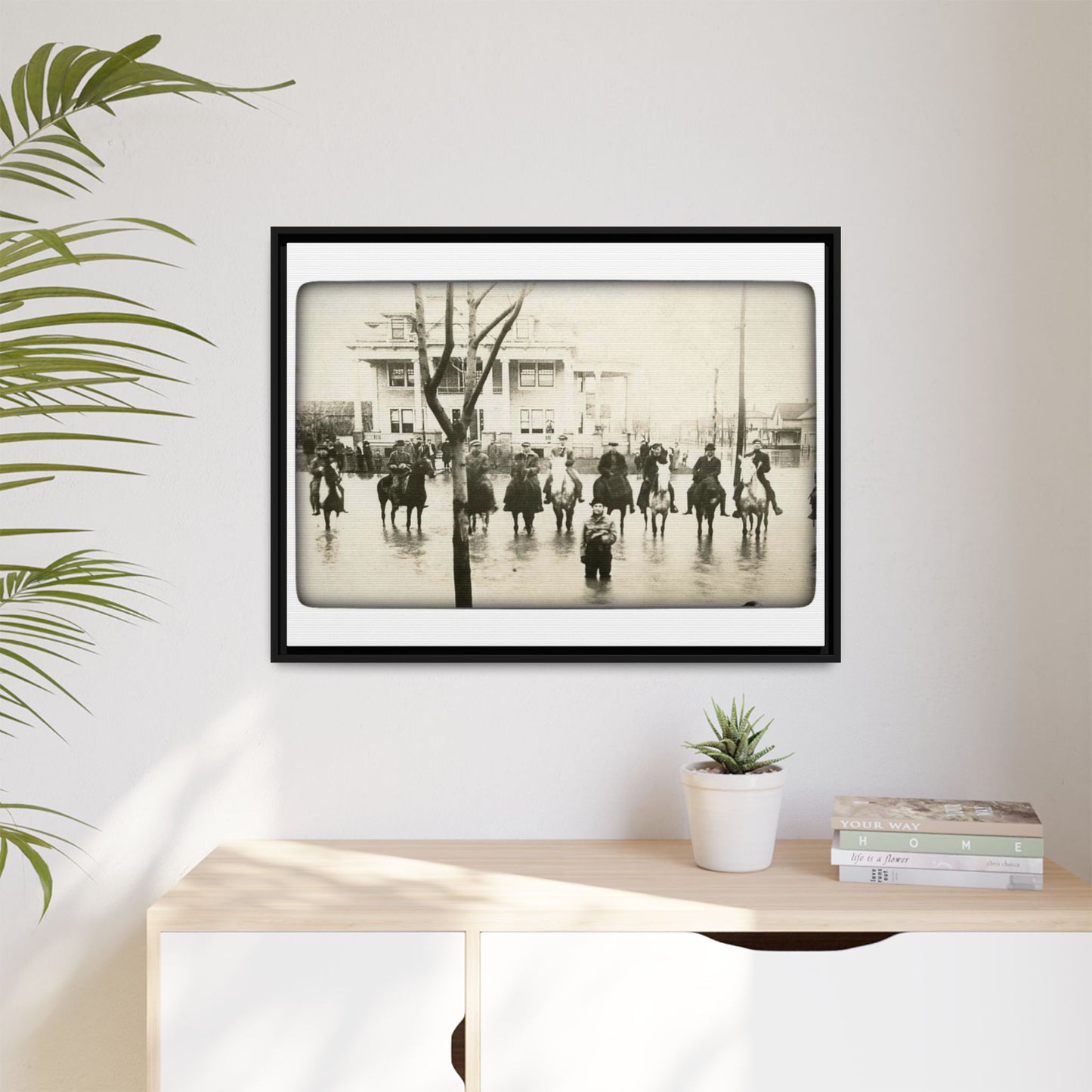 717 N Main Findlay, O  1913 Flood Original B & W Vintage Framed Matte Canvas - Equestrian Scene Wall Art