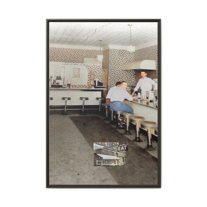 1947 Opening Day Miller’s Luncheonette Findlay, O. Retro Bar Scene Framed Canvas Art - Nostalgic Decor for Home or Office