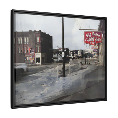 February 1959 Findlay Flood Original Dutch Framed Matte Canvas Art - Vintage Tavern Street Scene