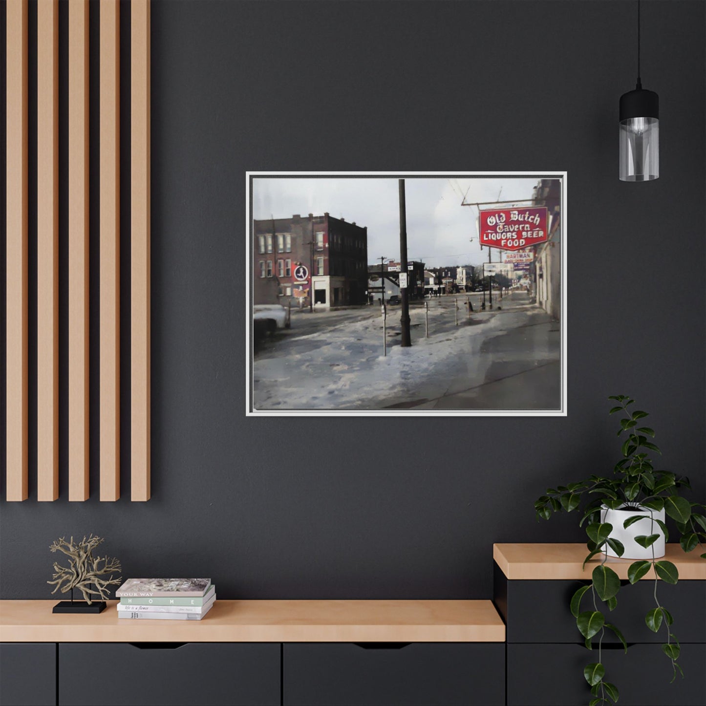 February 1959 Findlay Flood Original Dutch Framed Matte Canvas Art - Vintage Tavern Street Scene