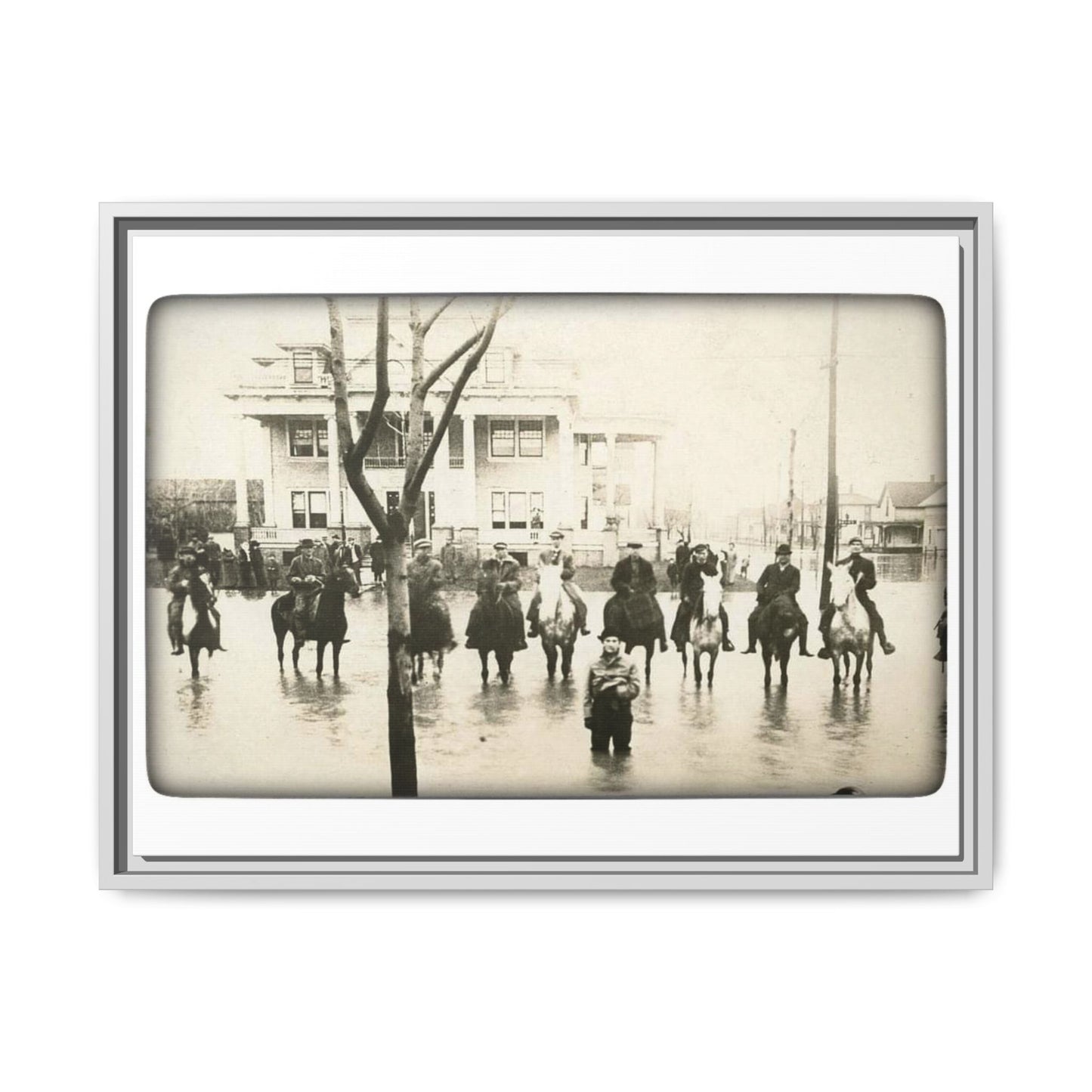 717 N Main Findlay, O  1913 Flood Original B & W Vintage Framed Matte Canvas - Equestrian Scene Wall Art