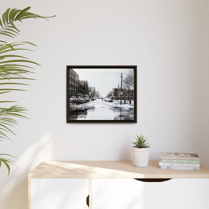 Winter Wonderland Framed Matte Canvas - Urban Snow Scene Wall Art