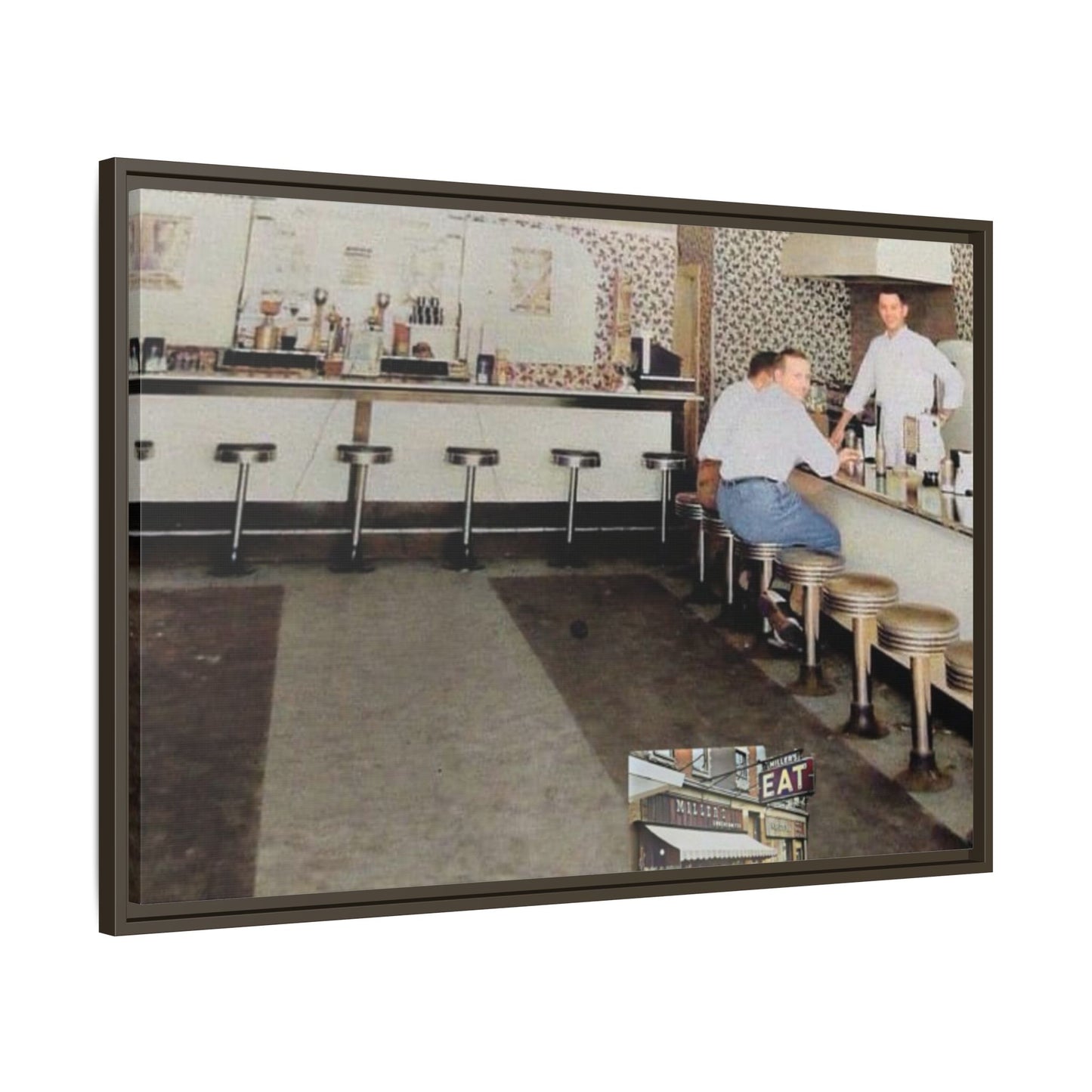 1947 Opening Day Miller’s Luncheonette Findlay, O. Retro Bar Scene Framed Canvas Art - Nostalgic Decor for Home or Office