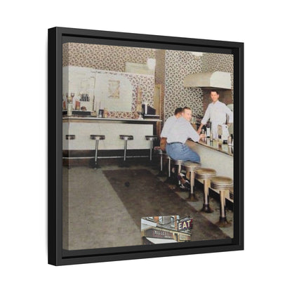 1947 Opening Day Miller’s Luncheonette Findlay, O. Retro Bar Scene Framed Canvas Art - Nostalgic Decor for Home or Office