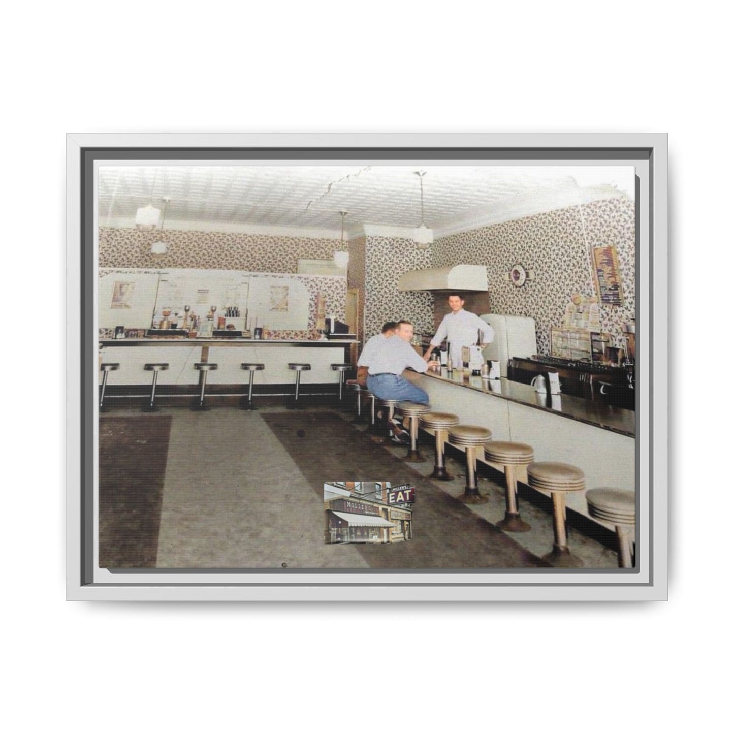 1947 Opening Day Miller’s Luncheonette Findlay, O. Retro Bar Scene Framed Canvas Art - Nostalgic Decor for Home or Office