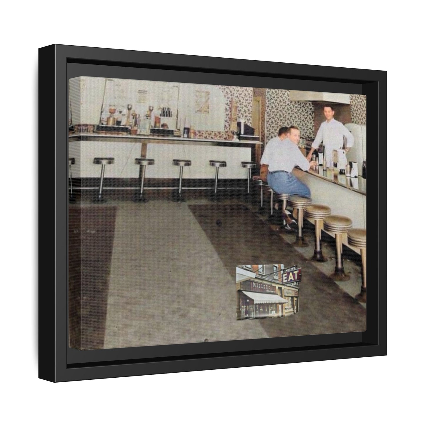 1947 Opening Day Miller’s Luncheonette Findlay, O. Retro Bar Scene Framed Canvas Art - Nostalgic Decor for Home or Office