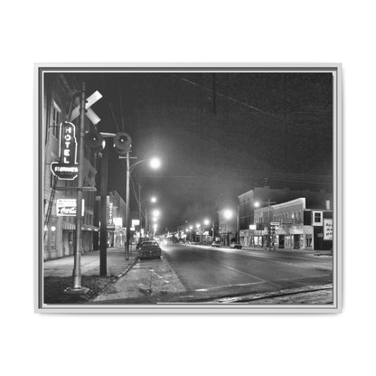 Northview Hotel Looking South Findlay, O. ca 1967 Vintage Cityscape Framed Canvas - Matte Black Wall Art