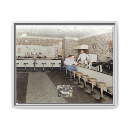 1947 Opening Day Miller’s Luncheonette Findlay, O. Retro Bar Scene Framed Canvas Art - Nostalgic Decor for Home or Office