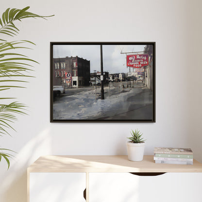 February 1959 Findlay Flood Original Dutch Framed Matte Canvas Art - Vintage Tavern Street Scene