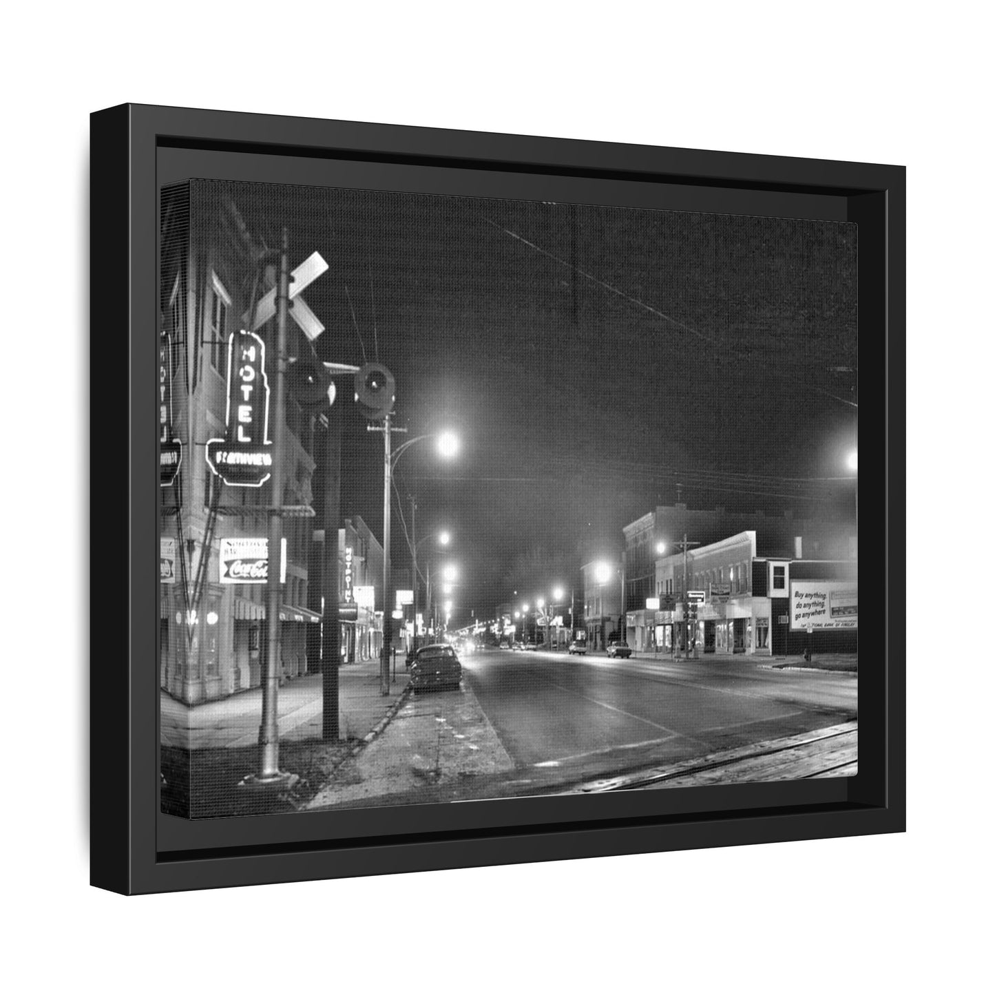 Northview Hotel Looking South Findlay, O. ca 1967 Vintage Cityscape Framed Canvas - Matte Black Wall Art