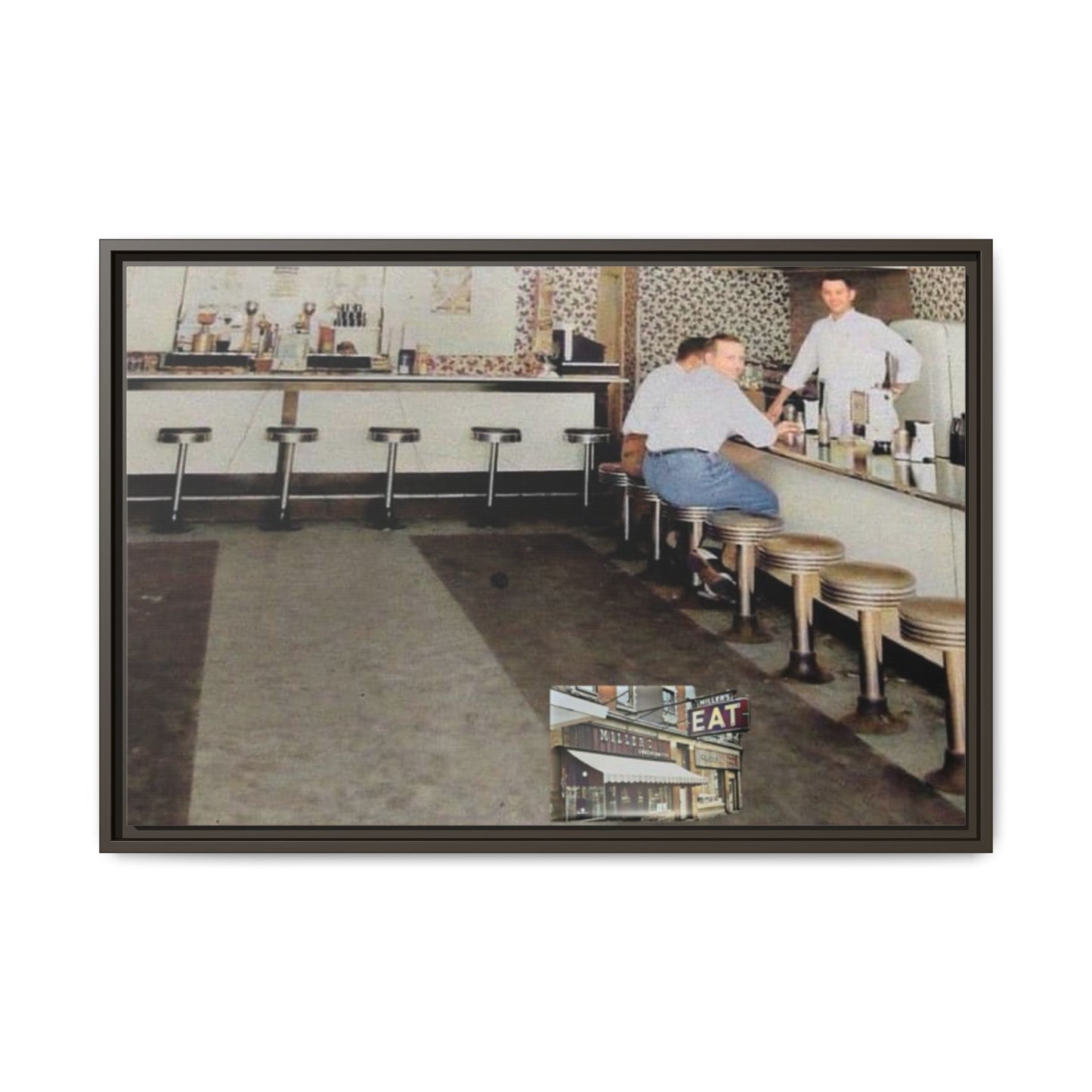 1947 Opening Day Miller’s Luncheonette Findlay, O. Retro Bar Scene Framed Canvas Art - Nostalgic Decor for Home or Office