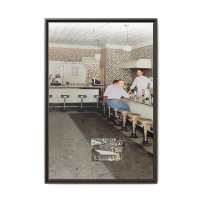 1947 Opening Day Miller’s Luncheonette Findlay, O. Retro Bar Scene Framed Canvas Art - Nostalgic Decor for Home or Office