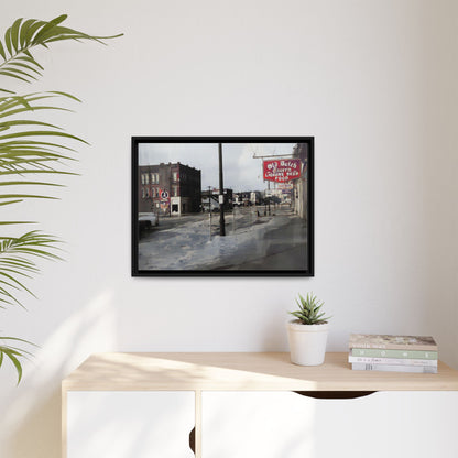 February 1959 Findlay Flood Original Dutch Framed Matte Canvas Art - Vintage Tavern Street Scene