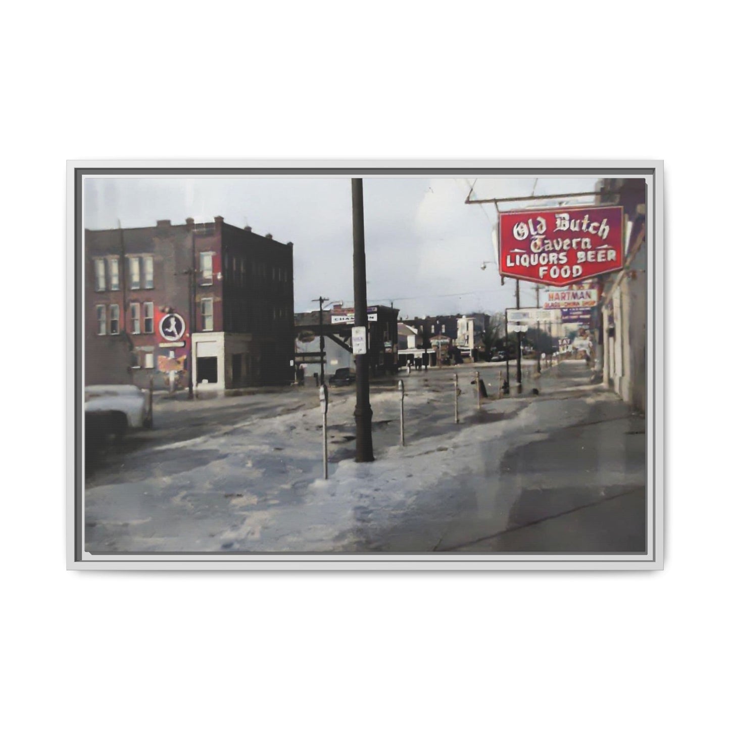 February 1959 Findlay Flood Original Dutch Framed Matte Canvas Art - Vintage Tavern Street Scene