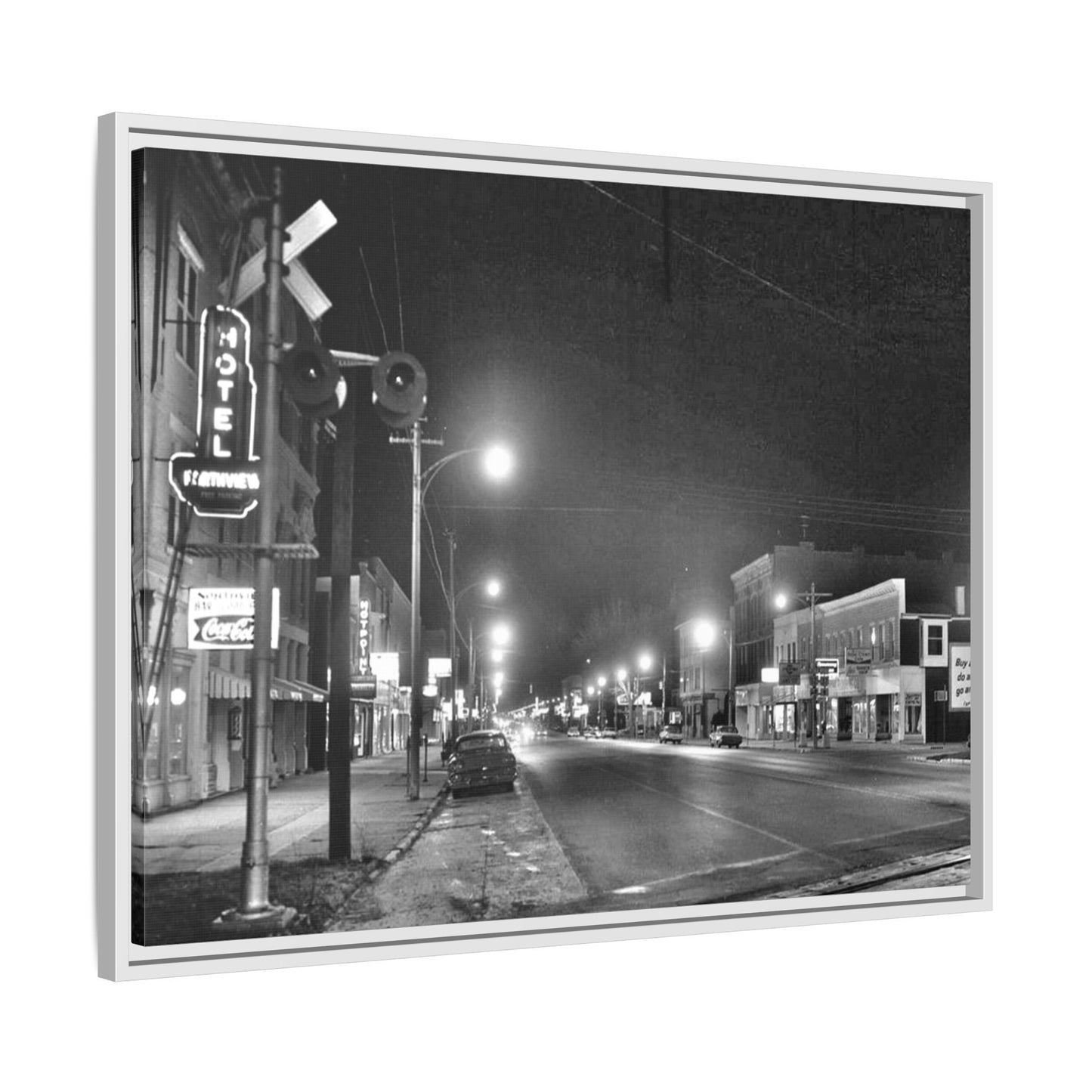 Northview Hotel Looking South Findlay, O. ca 1967 Vintage Cityscape Framed Canvas - Matte Black Wall Art