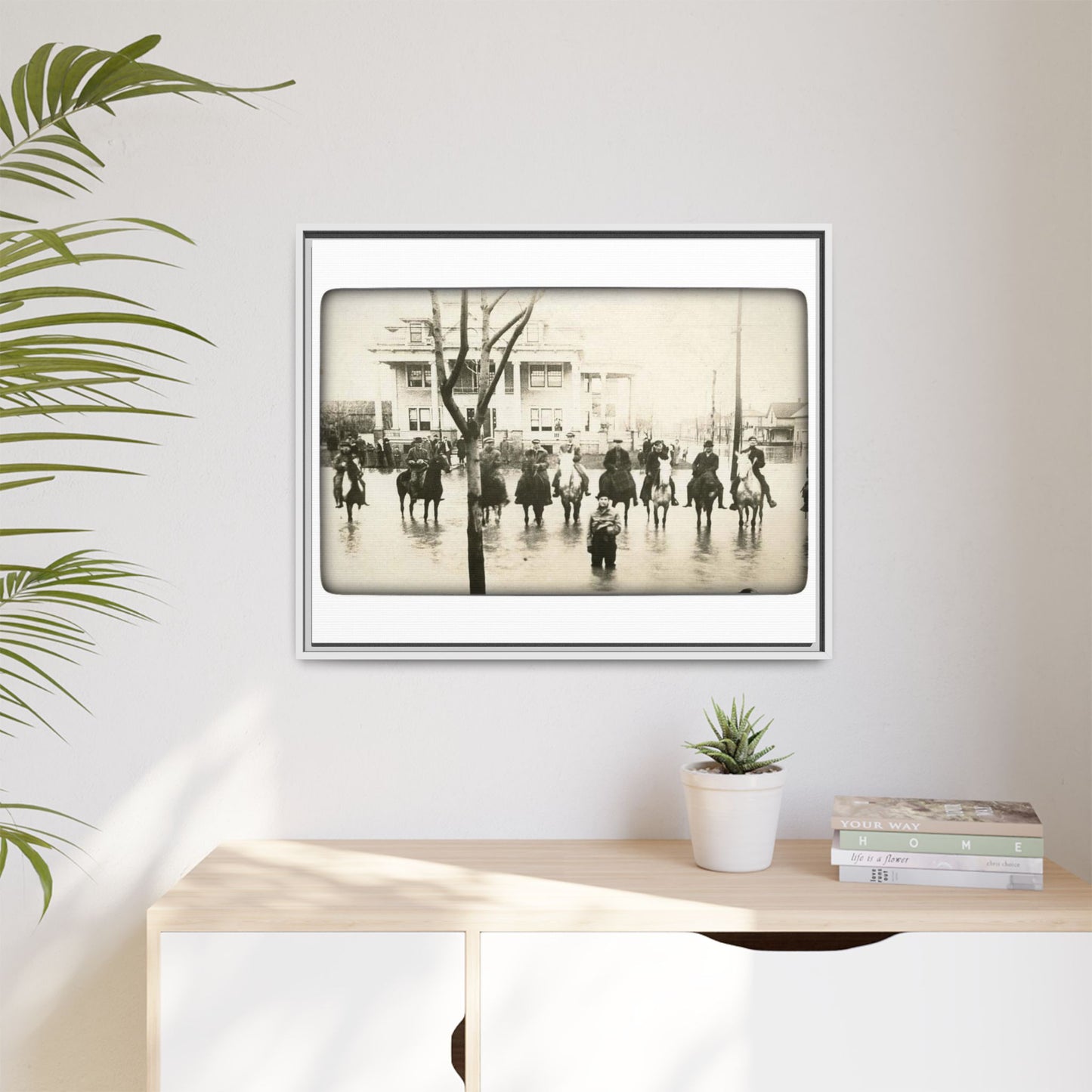 717 N Main Findlay, O  1913 Flood Original B & W Vintage Framed Matte Canvas - Equestrian Scene Wall Art