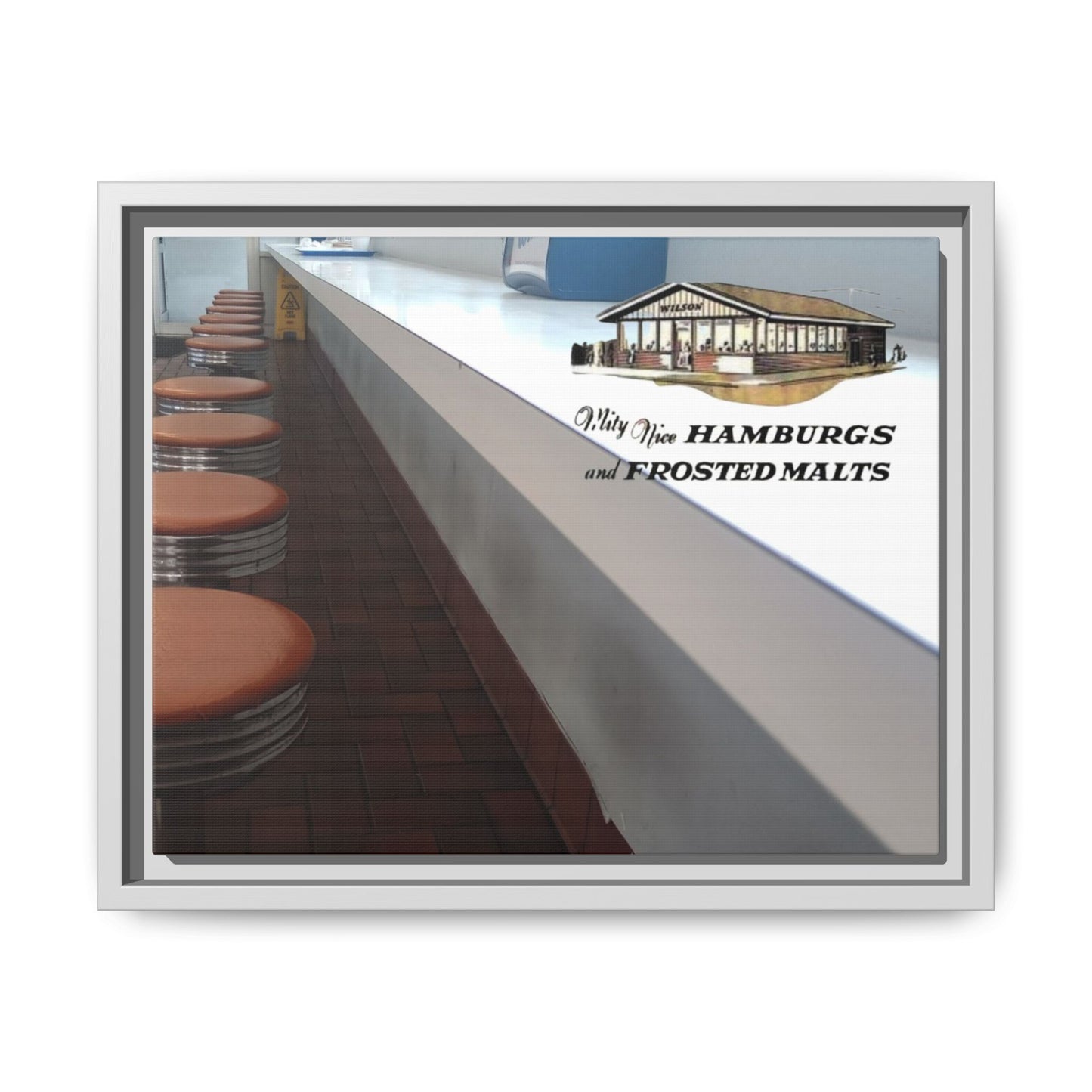 Wilson’s Sandwich Shop Stools Vintage Diner Canvas Print - 'Why Not Hamburgs and Frosted Malts' Wall Art