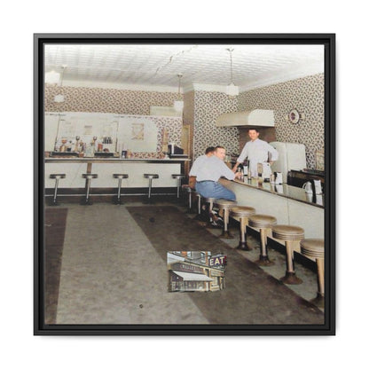 1947 Opening Day Miller’s Luncheonette Findlay, O. Retro Bar Scene Framed Canvas Art - Nostalgic Decor for Home or Office