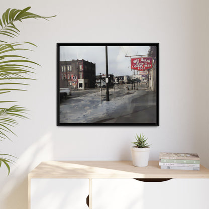 February 1959 Findlay Flood Original Dutch Framed Matte Canvas Art - Vintage Tavern Street Scene