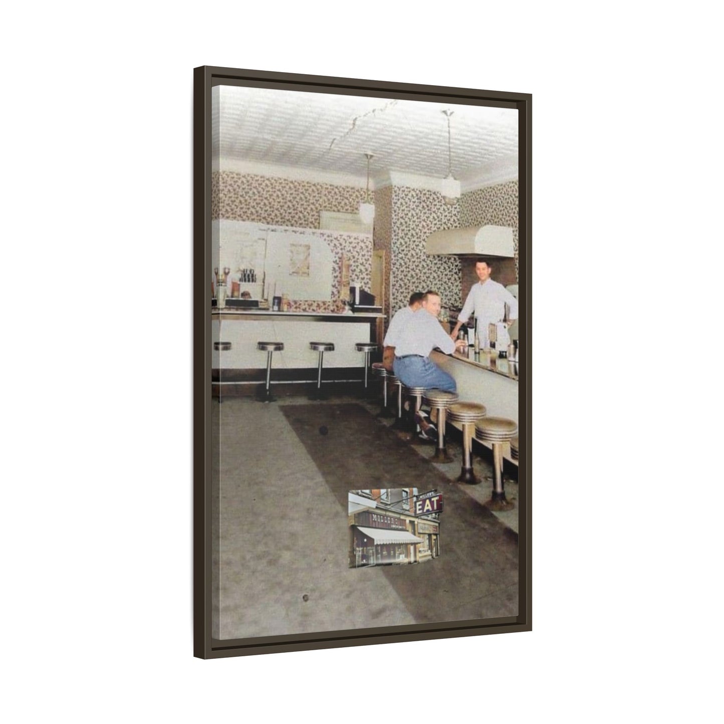 1947 Opening Day Miller’s Luncheonette Findlay, O. Retro Bar Scene Framed Canvas Art - Nostalgic Decor for Home or Office