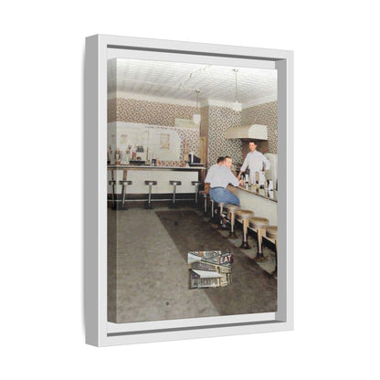 1947 Opening Day Miller’s Luncheonette Findlay, O. Retro Bar Scene Framed Canvas Art - Nostalgic Decor for Home or Office