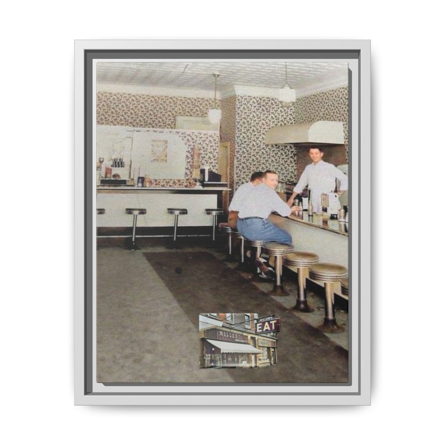 1947 Opening Day Miller’s Luncheonette Findlay, O. Retro Bar Scene Framed Canvas Art - Nostalgic Decor for Home or Office