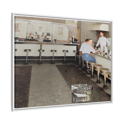 1947 Opening Day Miller’s Luncheonette Findlay, O. Retro Bar Scene Framed Canvas Art - Nostalgic Decor for Home or Office