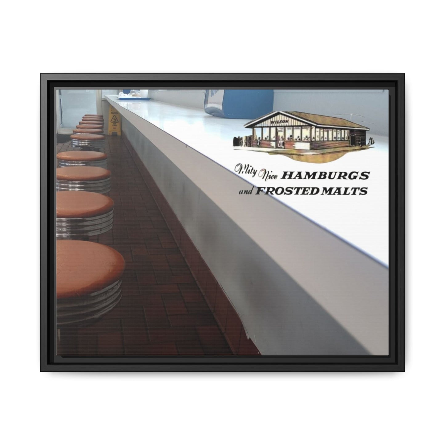 Wilson’s Sandwich Shop Stools Vintage Diner Canvas Print - 'Why Not Hamburgs and Frosted Malts' Wall Art