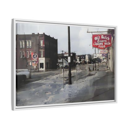 February 1959 Findlay Flood Original Dutch Framed Matte Canvas Art - Vintage Tavern Street Scene