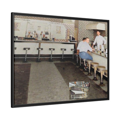 1947 Opening Day Miller’s Luncheonette Findlay, O. Retro Bar Scene Framed Canvas Art - Nostalgic Decor for Home or Office