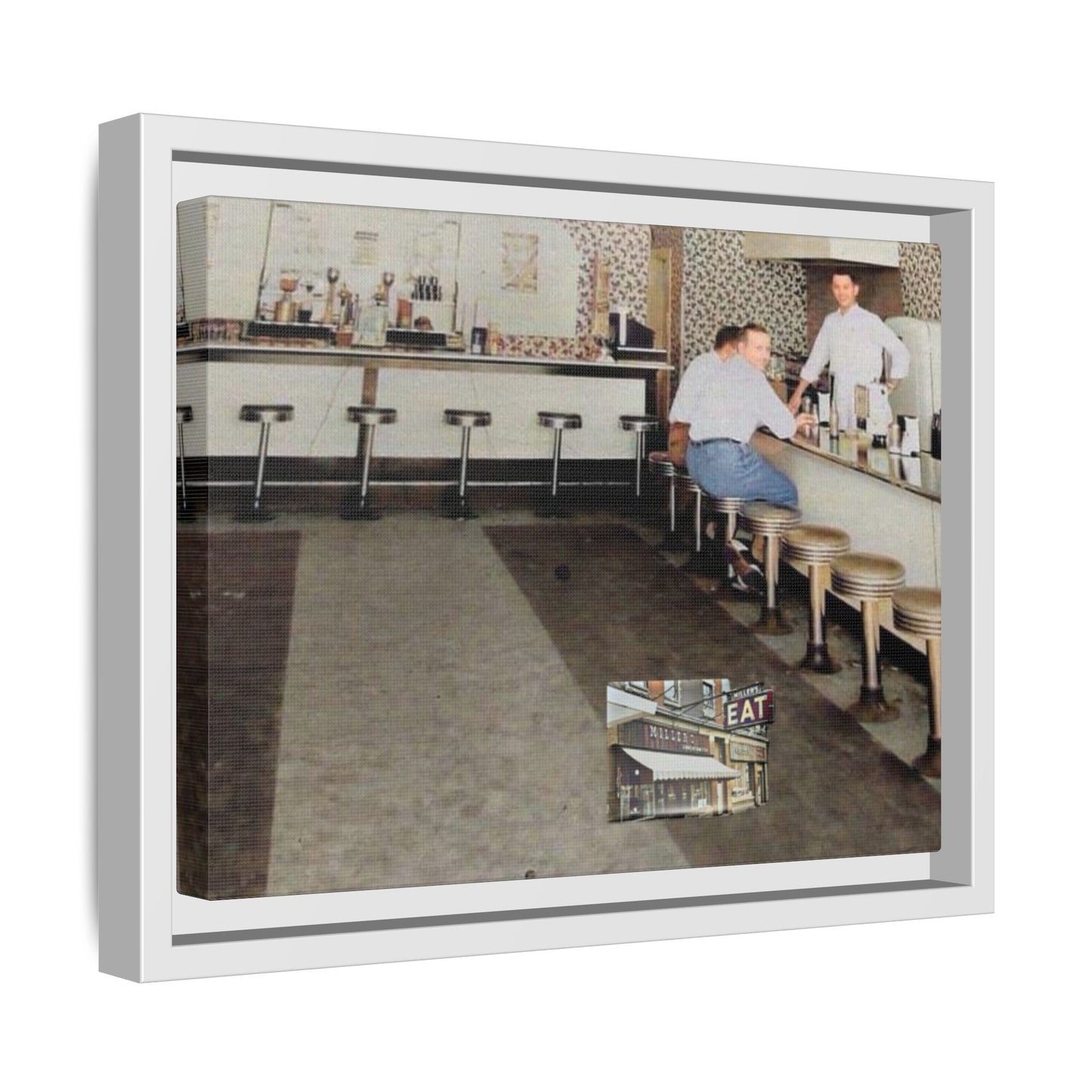 1947 Opening Day Miller’s Luncheonette Findlay, O. Retro Bar Scene Framed Canvas Art - Nostalgic Decor for Home or Office