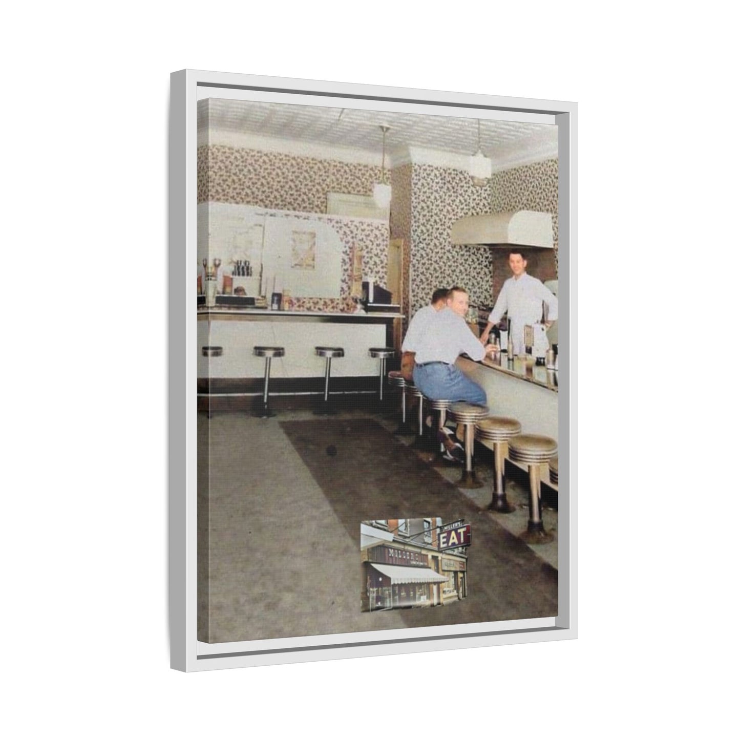 1947 Opening Day Miller’s Luncheonette Findlay, O. Retro Bar Scene Framed Canvas Art - Nostalgic Decor for Home or Office